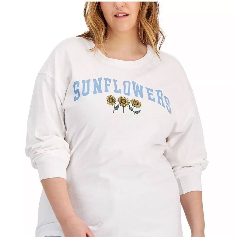 MAD ENGINE Trendy Plus Size Sunflowers Long-Sleeve T-Shirt White